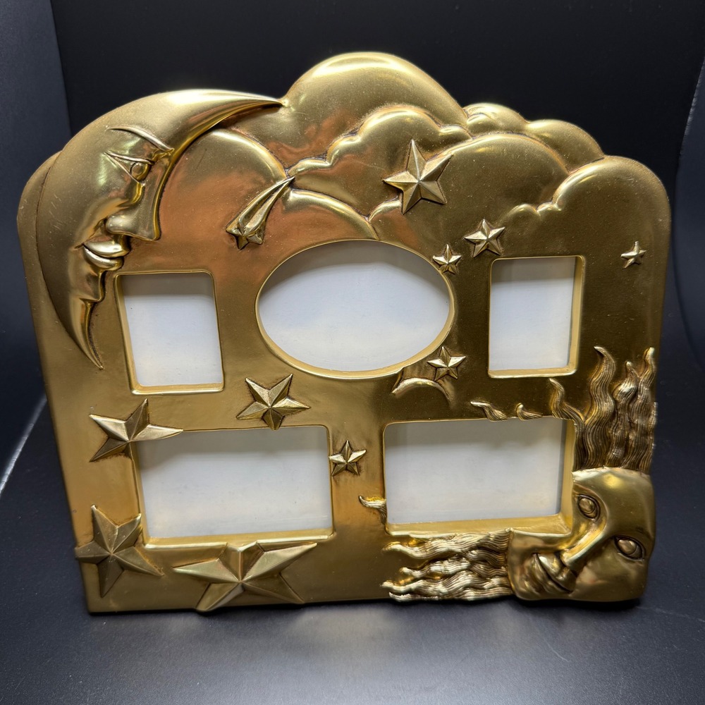 Vintage Celestial Gold Sun Moon Stars Multi Photo Frame Whimsigoth Decor